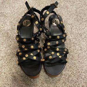 Wedge wooden platform sandals black leather straps…Tory Burch gold emblems